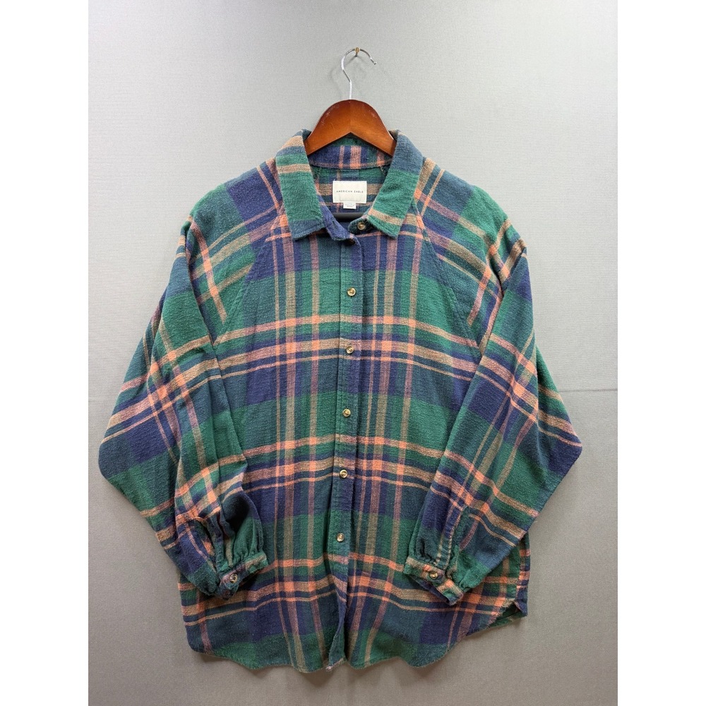 American Eagle Flannel Button Down Shirt Mens Green Blue Plaid Large